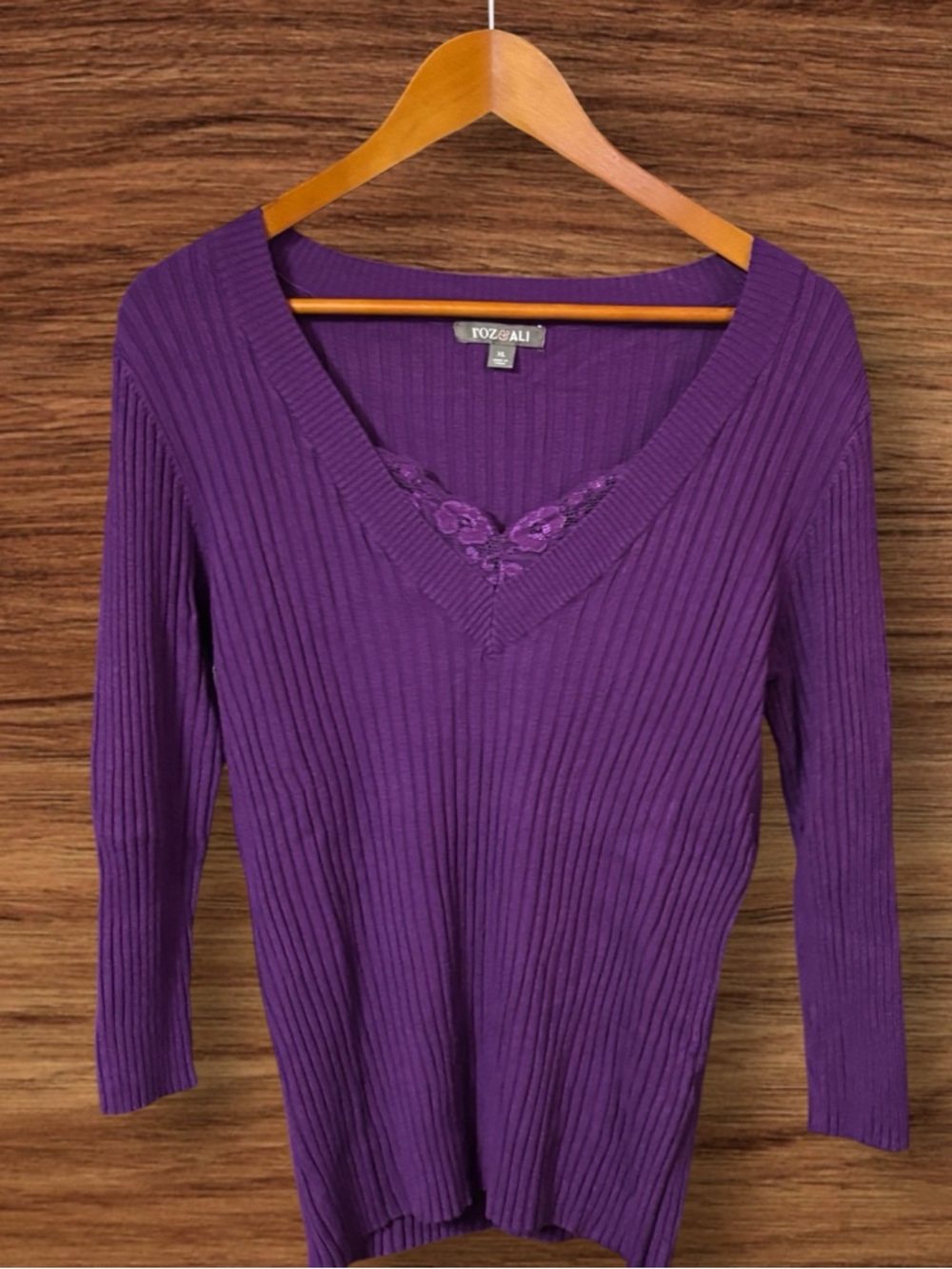 Roz & Ali Purple Ribbed V-Neck Sweater With Lace Detailing
